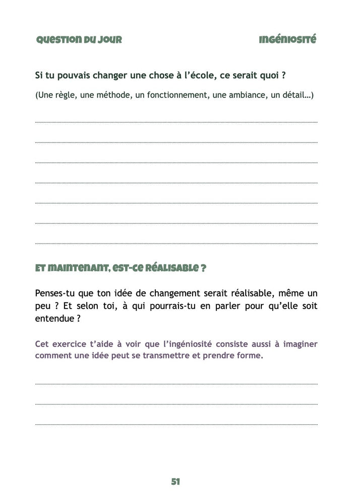Une page de questions du thème Ingéniosité, dans Mon carnet de rêves
