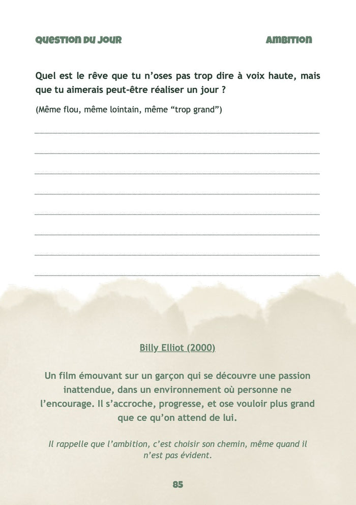 Une page de questions du thème Ambition, dans Mon carnet de rêves