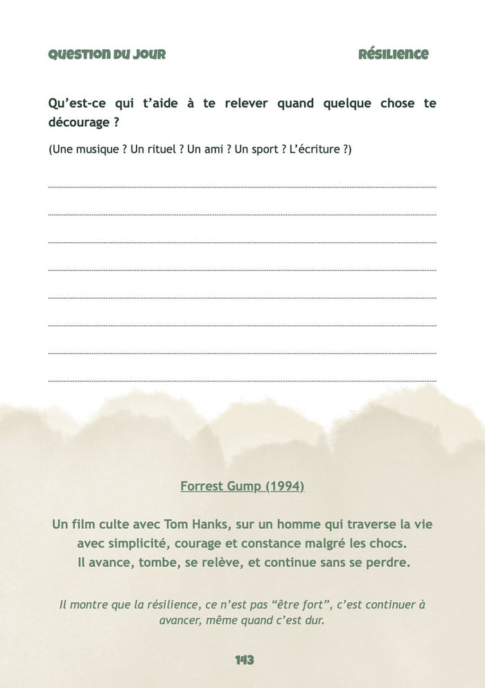 Une page de questions du thème Résilience, dans Mon carnet de rêves